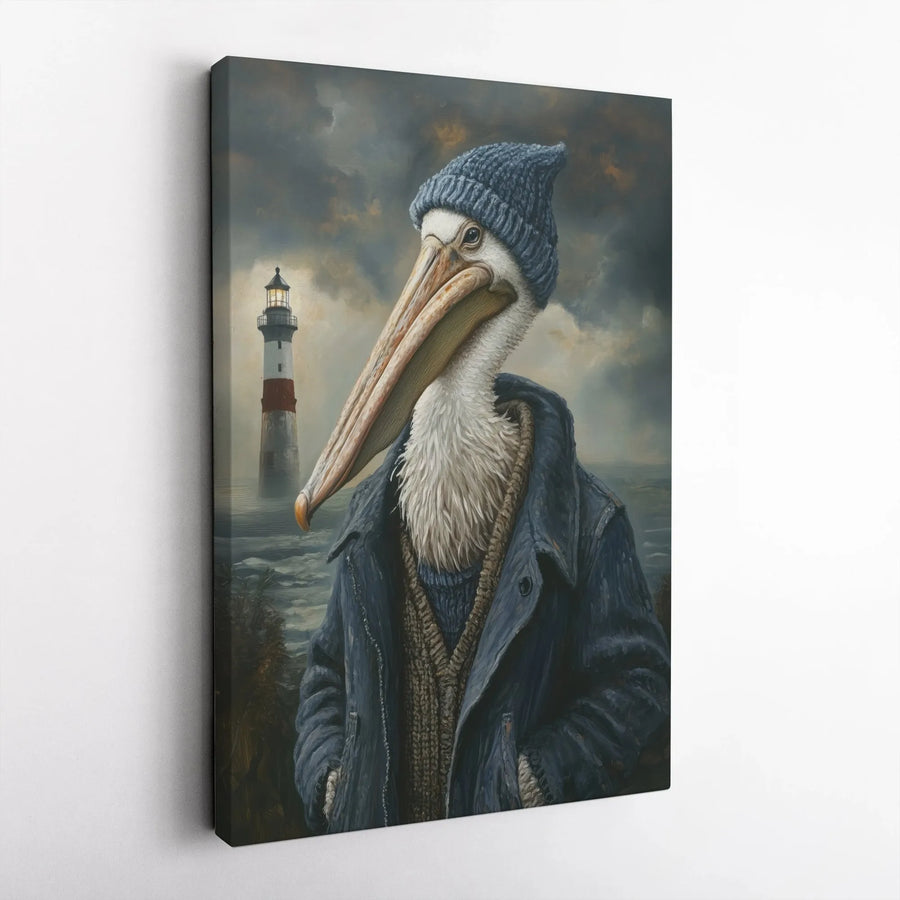 Pelican Fisherman Canvas Wall Art | Whimsical Nautical Lighthouse Portrait | Premium Gallery-Wrapped Print | Coastal Decor Gift for Sea Lovers