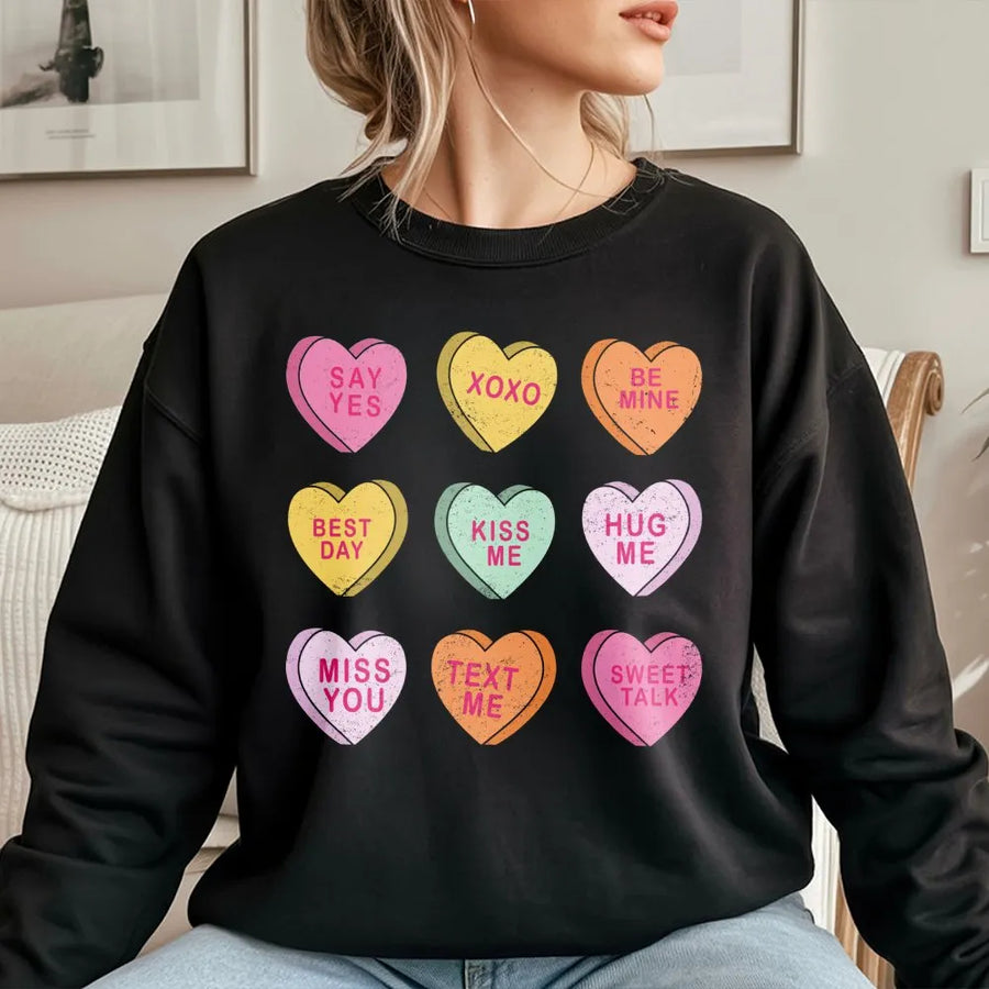 Conversation Hearts Valentine Sweatshirt | Retro Pastel Candy Heart Graphic | Soft Cotton Blend Unisex Pullover | Cute Aesthetic Valentine Gift For Her