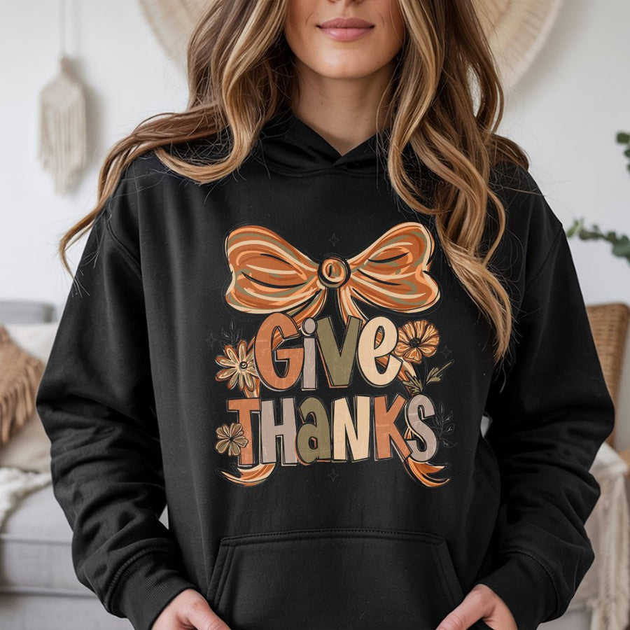 Give Thanks Hoodie | Floral Bow Thanksgiving Graphic | Premium Cotton Blend Unisex Sweatshirt | Cute Fall Coquette Aesthetic Gift