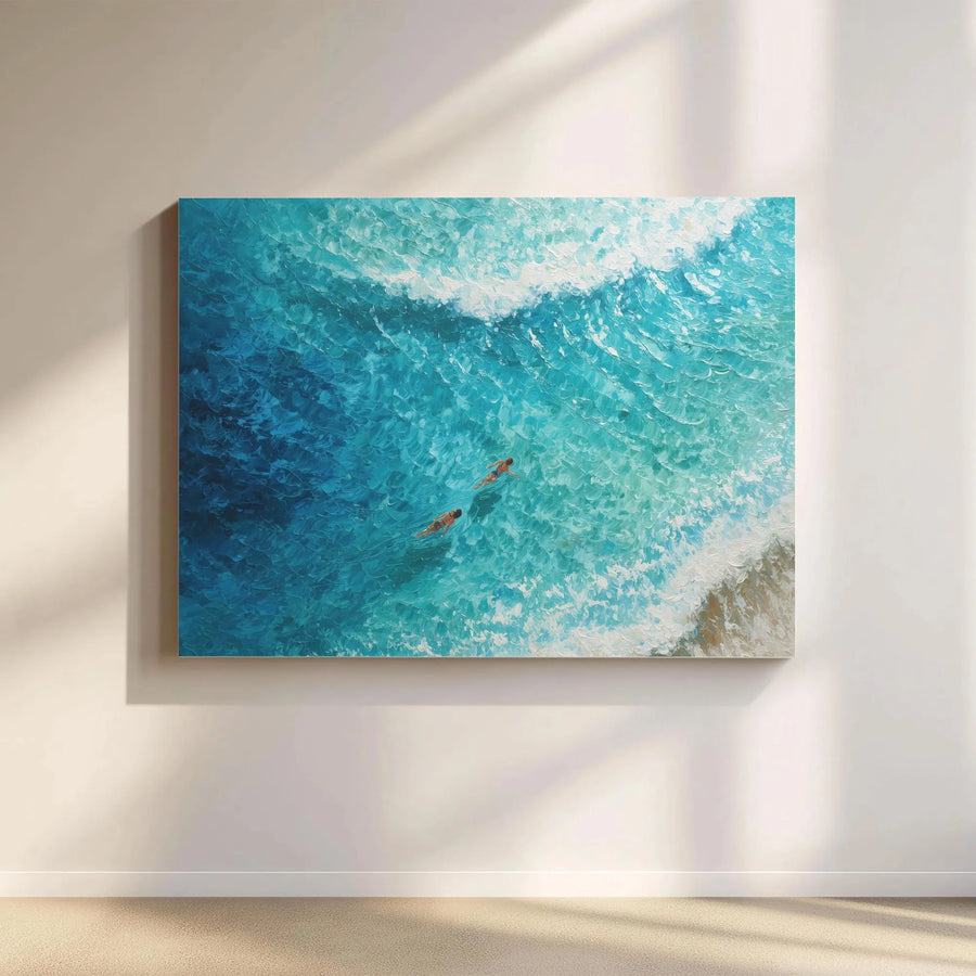 Ocean Swimming Canvas Print | Textured Aerial Ocean Painting | Premium Gallery Wrap Canvas | Coastal Home Decor Gift for Beach Lovers
