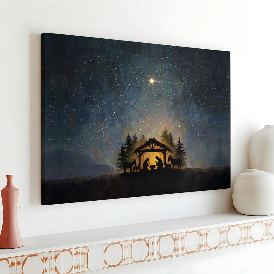 Nativity Scene Canvas Wall Art | Starry Night Christmas Decor | Premium Gallery Wrap Print | Religious Holiday Gift for Home