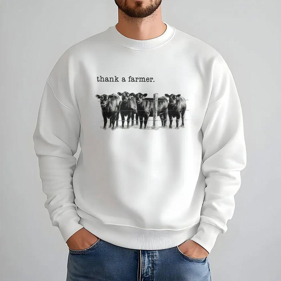 Thank A Farmer Sweatshirt | Realistic Cow Graphic Pullover | Premium Cotton Blend | Western Rancher Thanksgiving Gift