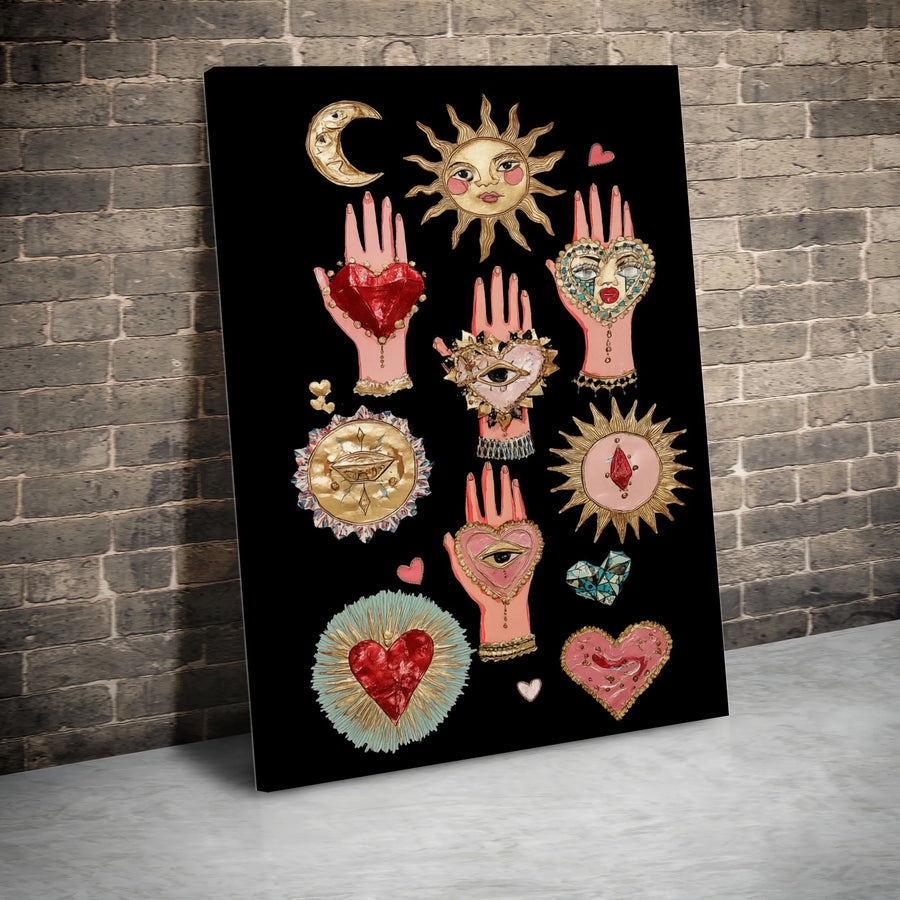 Mystical Ex-Voto Wall Art | Sacred Heart Sun and Moon Occult Decor | Premium Gallery Wrap Canvas | Gothic Witchy Boho Gift for Home