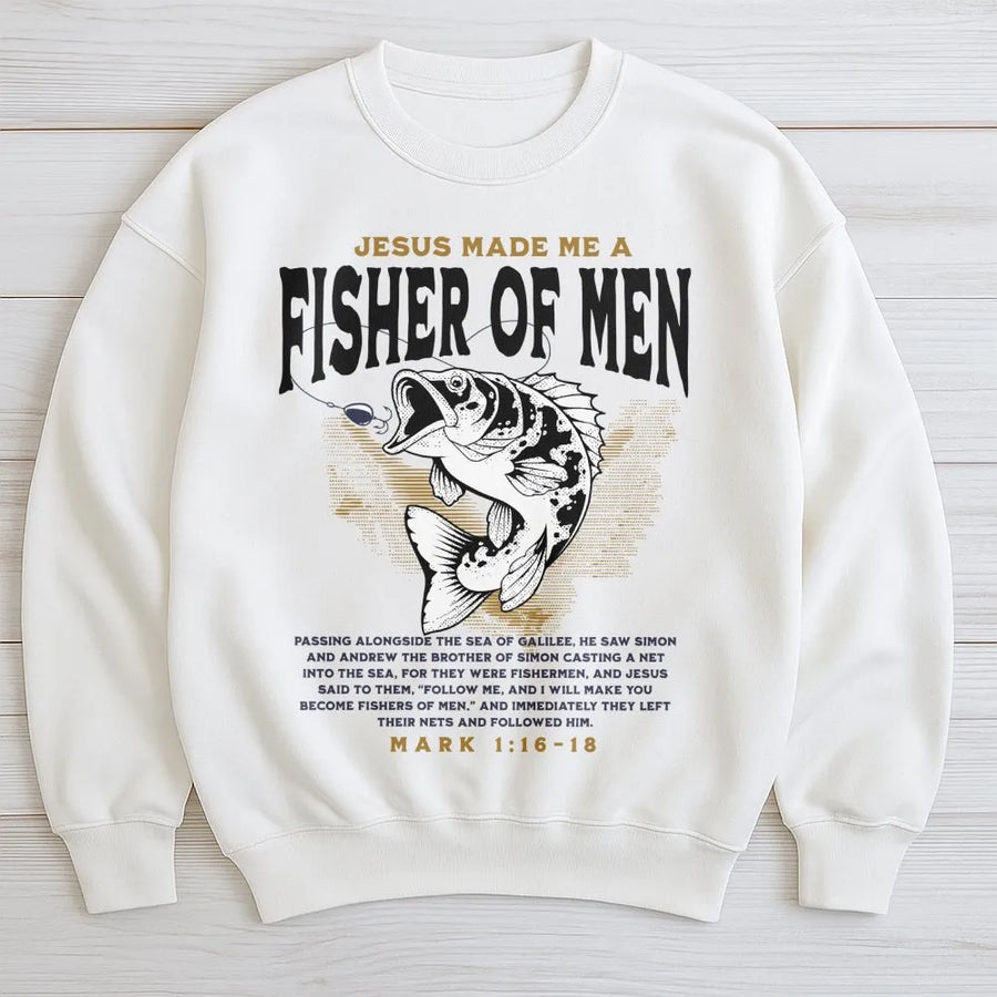 Fisher Of Men Sweatshirt | Religious Bible Verse Mark 1:16-18 Design | Premium Cotton Blend | Christian Fishing Gift For Men And Women