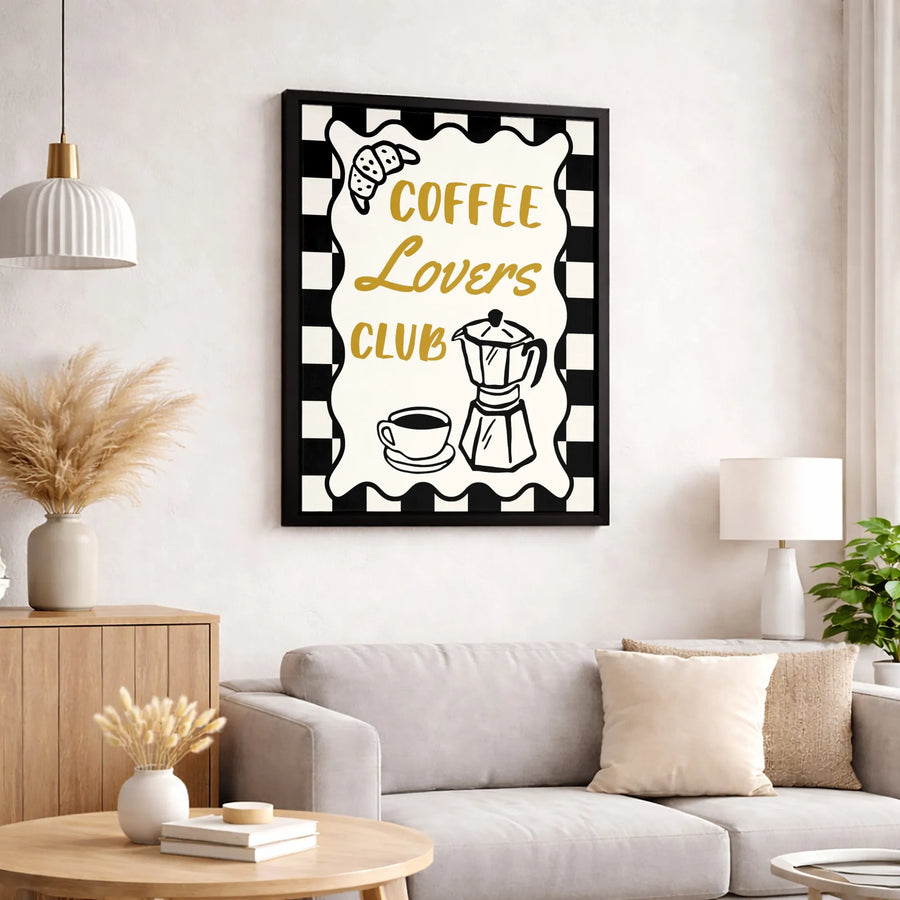 Coffee Lovers Club Wall Art | Retro Checkered Moka Pot & Croissant Illustration | Premium Gallery Canvas | Kitchen & Coffee Bar Decor