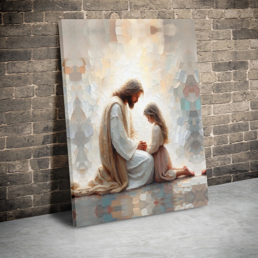 Jesus Kneeling With Child Canvas Print | Religious Oil Painting Style Wall Art | 1.25 Inch Gallery Wrap | Christian Home Decor Gift