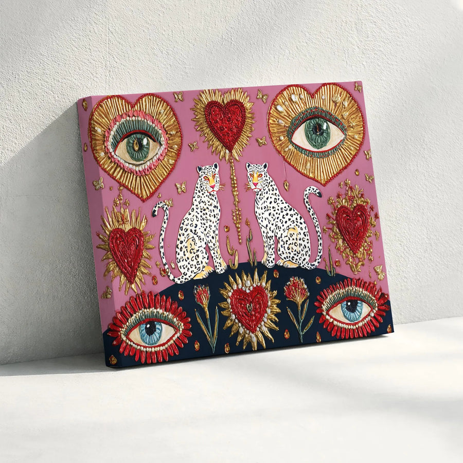 Leopard Wall Art | Sacred Heart Evil Eye Folk Art Canvas | Premium Gallery-Wrapped Print | Boho Spiritual Home Decor Gift