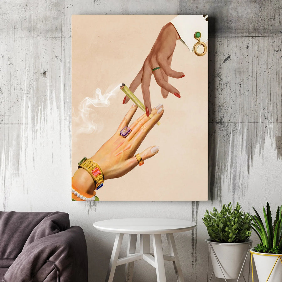 Passing Joint Canvas Print | Surreal Vintage Hand Collage Art | Premium Fade-Resistant Wall Decor | Bohemian Stoner Room Aesthetic Gift