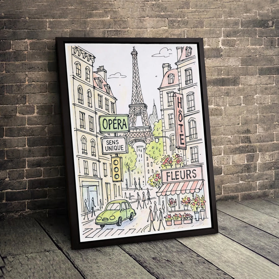 Paris Eiffel Tower Canvas Print | Parisian Street Art Sketch | Premium Gallery Wrapped Wall Decor | Romantic Travel Gift for Her
