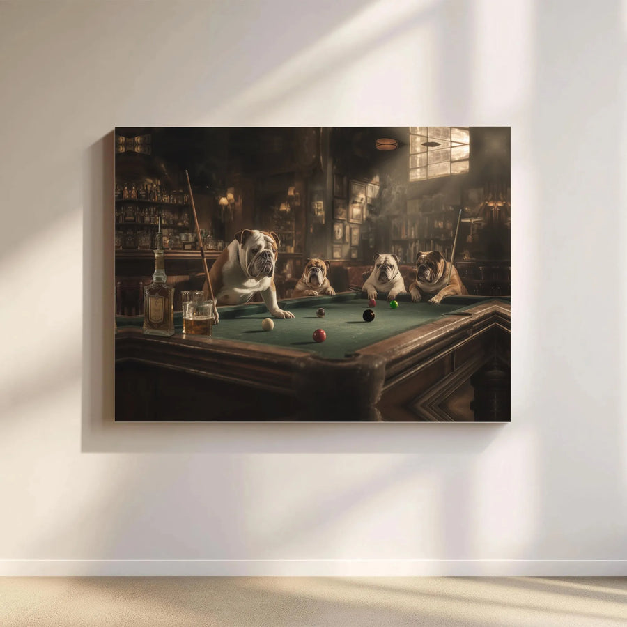 English Bulldog Pool Hall Canvas Art | Vintage Dogs Playing Billiards | Premium Gallery Wrap Print | Unique Man Cave Decor Gift