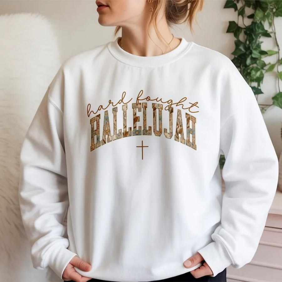 Hard Fought Hallelujah Sweatshirt | Vintage Floral Cross Graphic | Premium 100% Cotton | Faith Based Gift for Christian Women