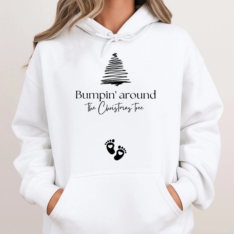 Bumpin' Around The Christmas Tree Hoodie | Cute Pregnancy Announcement | Premium Cotton-Blend | Funny Holiday Baby Reveal Gift For Mom-To-Be