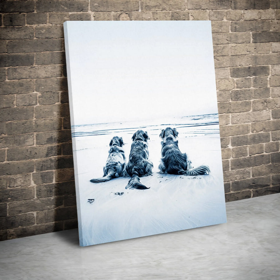 Three Golden Retriever Dogs Wall Art | Coastal Beach Scene Sketch | Premium 1.25" Gallery Canvas | Gift for Dog Lovers and Pet Owners