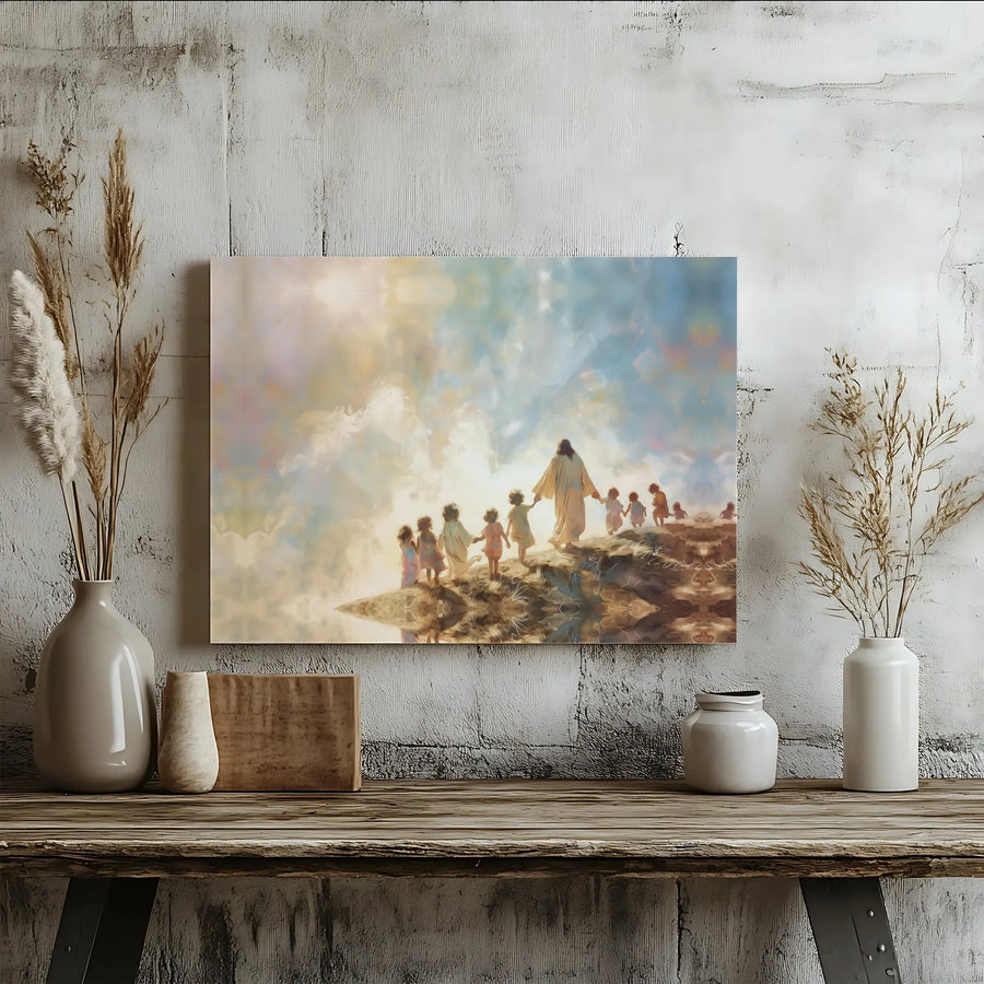 Jesus Leading Children Canvas Wall Art | Inspirational Watercolor Print | 1.25 Inch Gallery Wrap | Religious Home Decor Gift