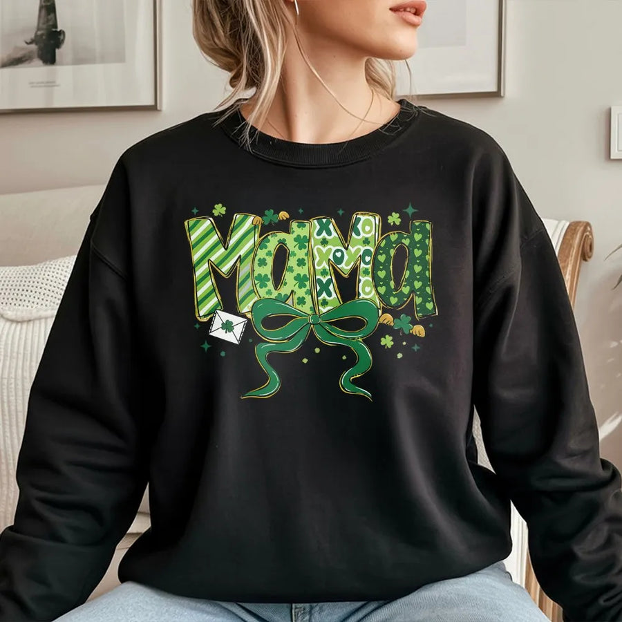 Mama St. Patrick's Day Sweatshirt | Green Clover Pattern Graphic | Soft Cotton Blend Unisex Pullover | Lucky Mom Holiday Gift