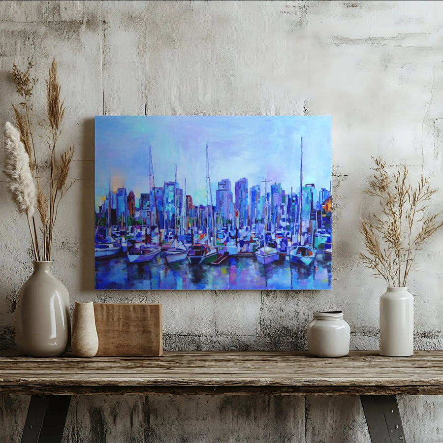 Marina Harbor Skyline Horizontal Canvas | Impressionist Sailboat Painting Print | Premium 1.25” Gallery Wrap | Living Room Decor Nautical Gift for Boat Lovers