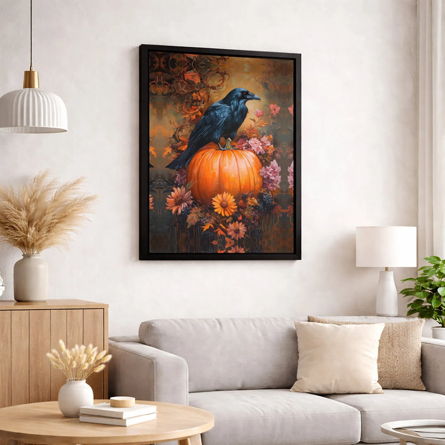 Raven On Pumpkin Canvas Print | Gothic Fall Harvest Wall Art | Premium Fade-Resistant Gallery Wrap | Spooky Halloween Decor For Home