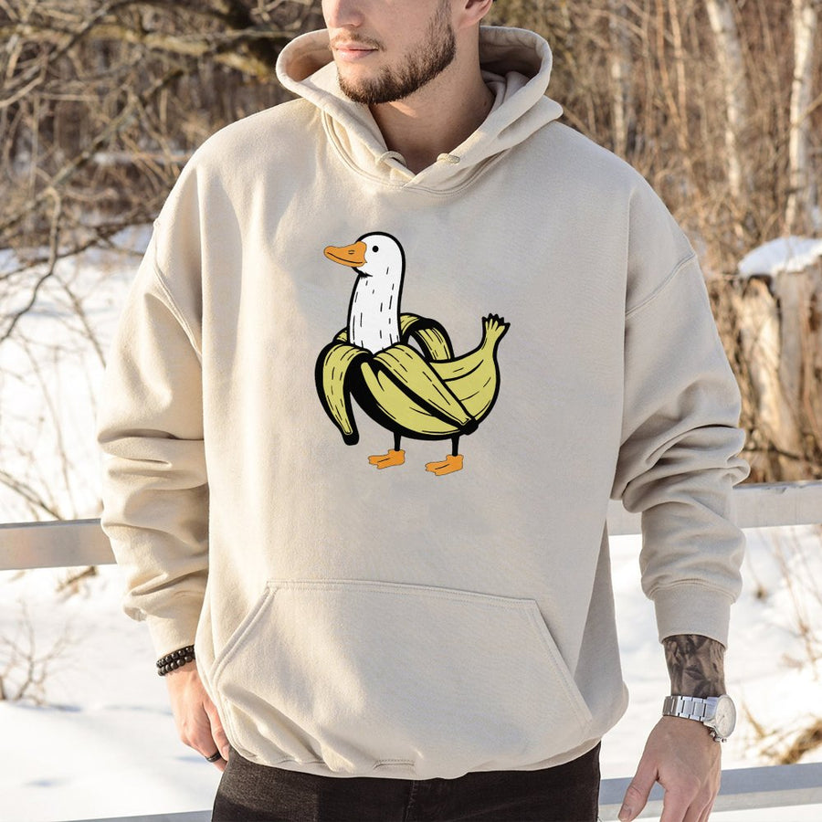 Banana Duck Hoodie | Cute Quirky Animal Graphic Sweatshirt | Premium Cotton-Blend | Funny Animal Lover Gift for Men & Women