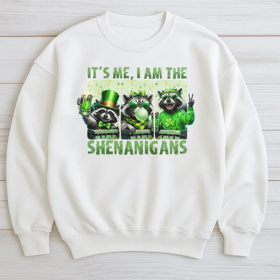 St. Patrick's Day Raccoon Sweatshirt | Funny It's Me I Am The Shenanigans Graphic | Premium Cotton Blend Unisex Pullover | Holiday Party Gift For Her Him