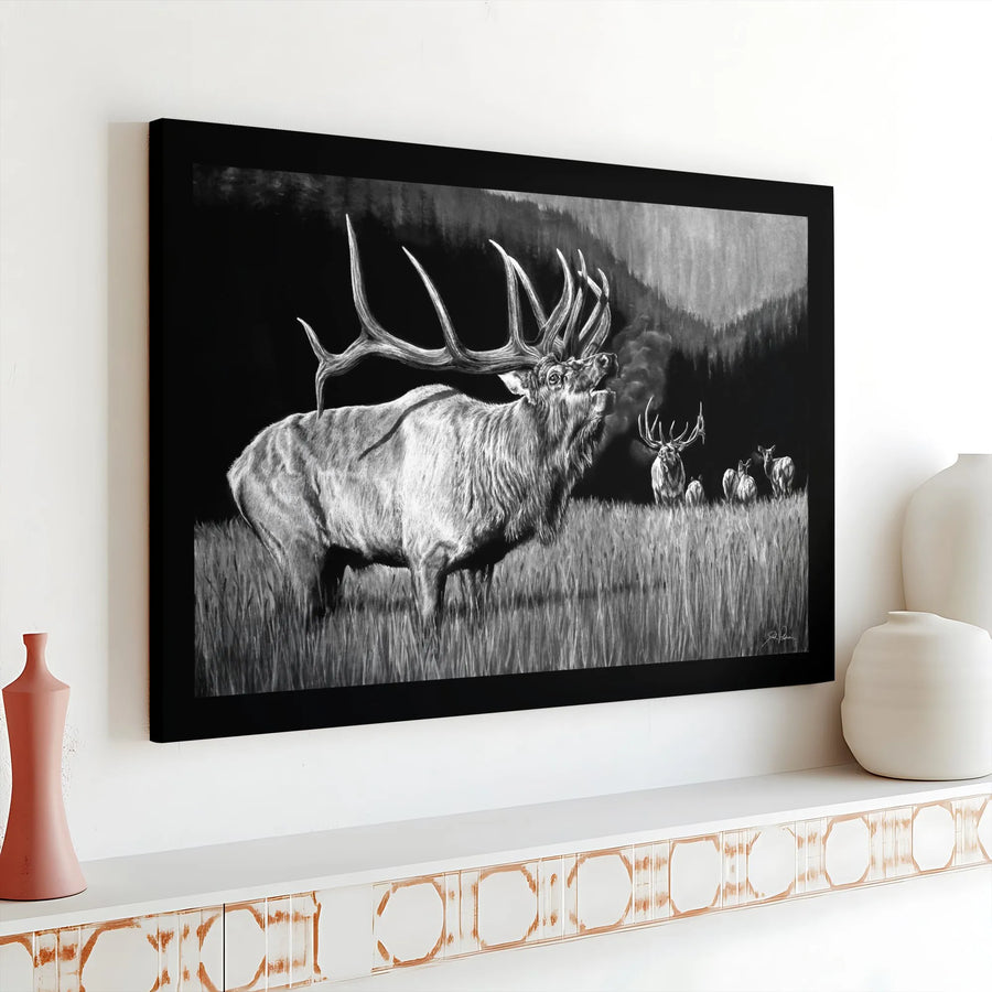 Bugling Bull Elk Canvas Wall Art | Monochrome Charcoal Wildlife Sketch | Premium Gallery Wrap Print | Rustic Cabin Decor Gift