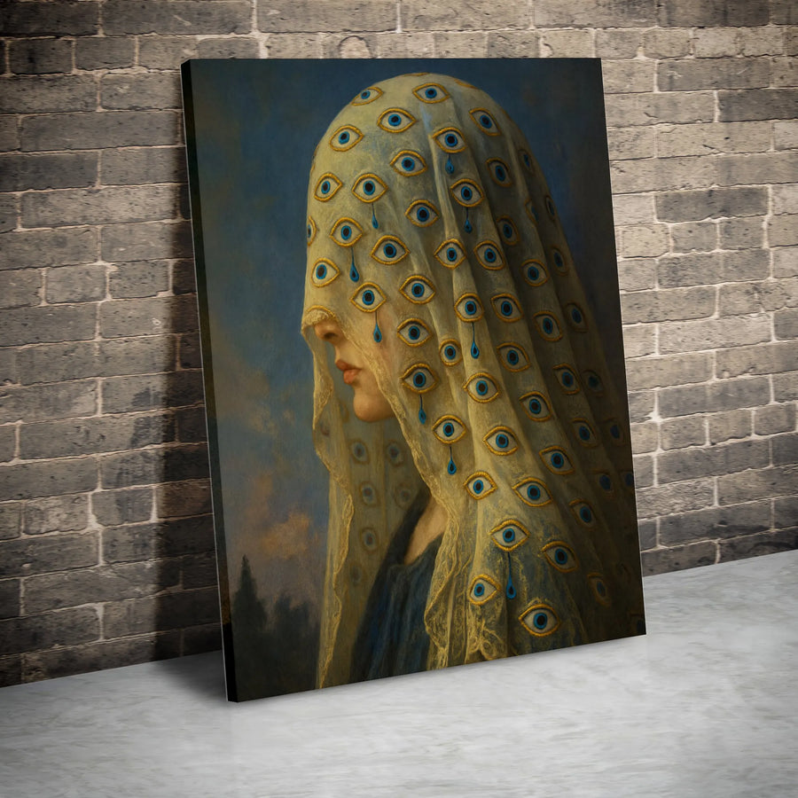 Surrealist Eye Wall Art | Mystical Woman With Veiled Eyes Canvas | Premium Gallery-Wrapped Print | Gothic Home Decor & Unique Living Room Gift