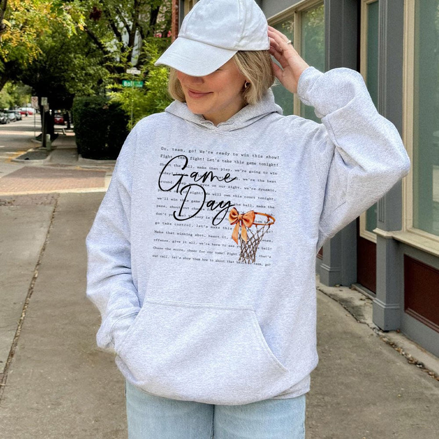 Game Day Basketball Hoodie | Coquette Bow Basketball Hoop Graphic | Premium Cotton Blend Unisex Sweatshirt | Basketball Mom Gift Apparel