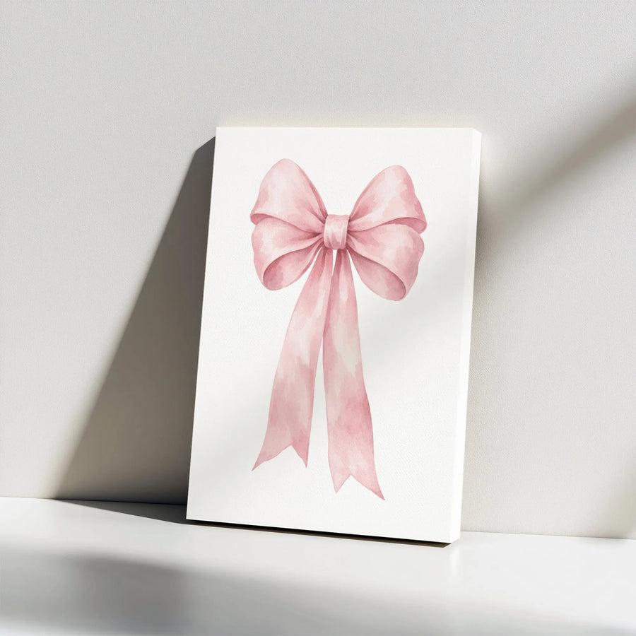 Pink Bow Canvas Wall Art | Watercolor Ribbon Illustration | Premium 1.25" Thick Gallery Wrapped Print | Coquette Nursery Room Decor Gift for Her