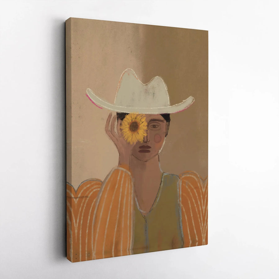 Boho Western Wall Art | Sunflower Cowgirl Portrait | Premium Frameless Canvas | Abstract Home Decor Gift