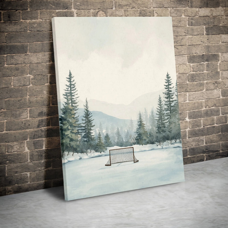 Winter Hockey Pond Canvas Wall Art | Watercolor Forest Landscape with Nostalgic Pond Hockey Scene | Premium Thick Gallery Wrap | Gift for Player, Fan Cave Decor