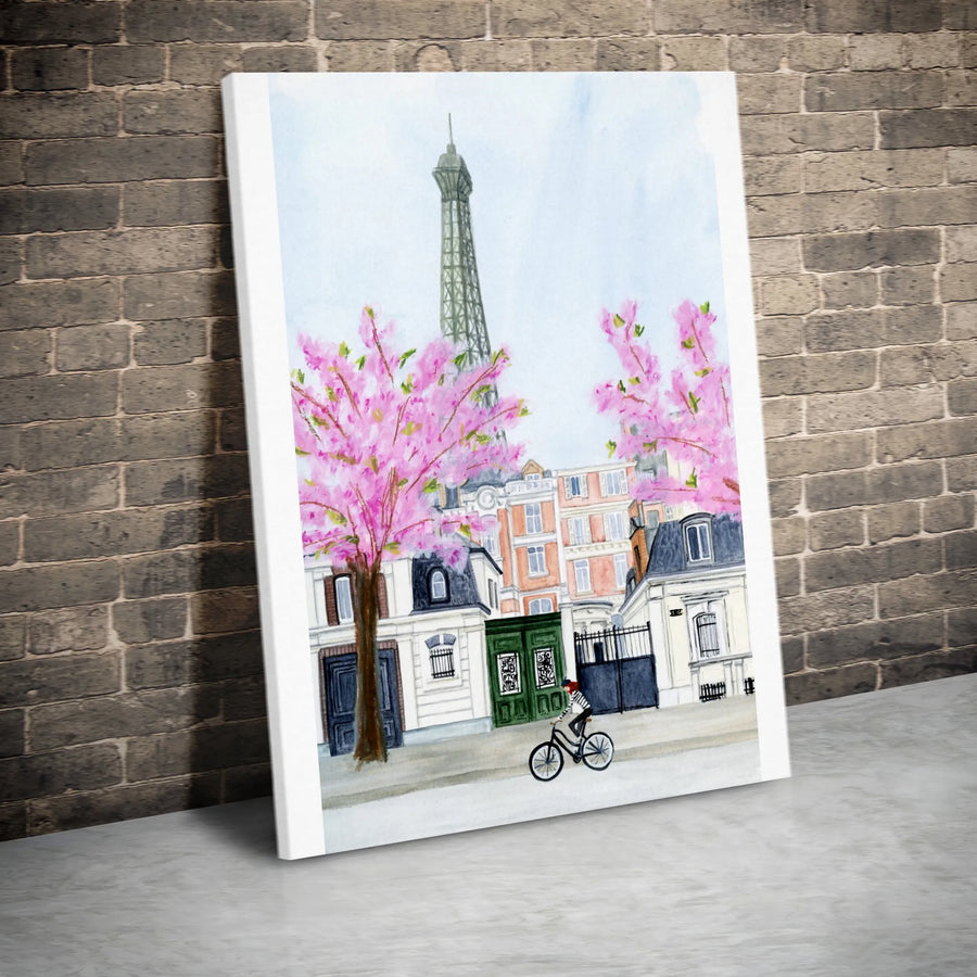 Paris Eiffel Tower Canvas Wall Art | Watercolor Cherry Blossom Scene | Premium Gallery Wrapped Print | Romantic French Country Decor Gift
