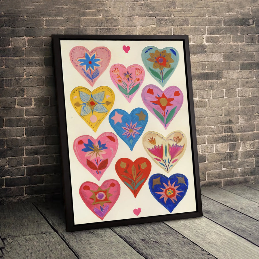Colorful Folk Art Hearts Canvas Wall Art | Whimsical Floral Heart Print | Premium Gallery Wrapped Decor | Unique Valentine Gift for Her