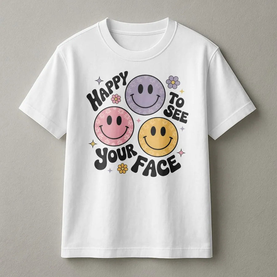 Happy Face Teacher T-Shirt | Retro Smiley Face Graphic Tee | Soft 100% Cotton | Back to School Gift for Teachers