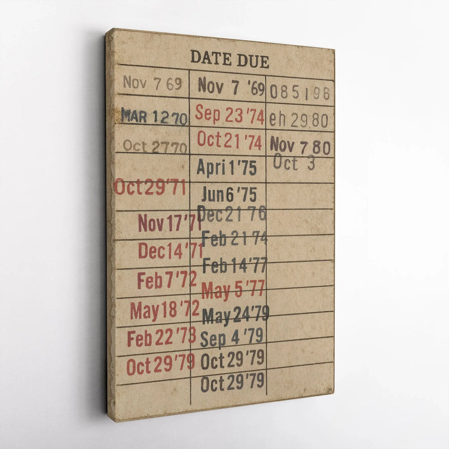 Vintage Library Card Canvas Print | Retro Date Due Book Checkout Wall Art | Premium 1.25" Gallery Wrapped Canvas | Literary Home Office Decor Gift