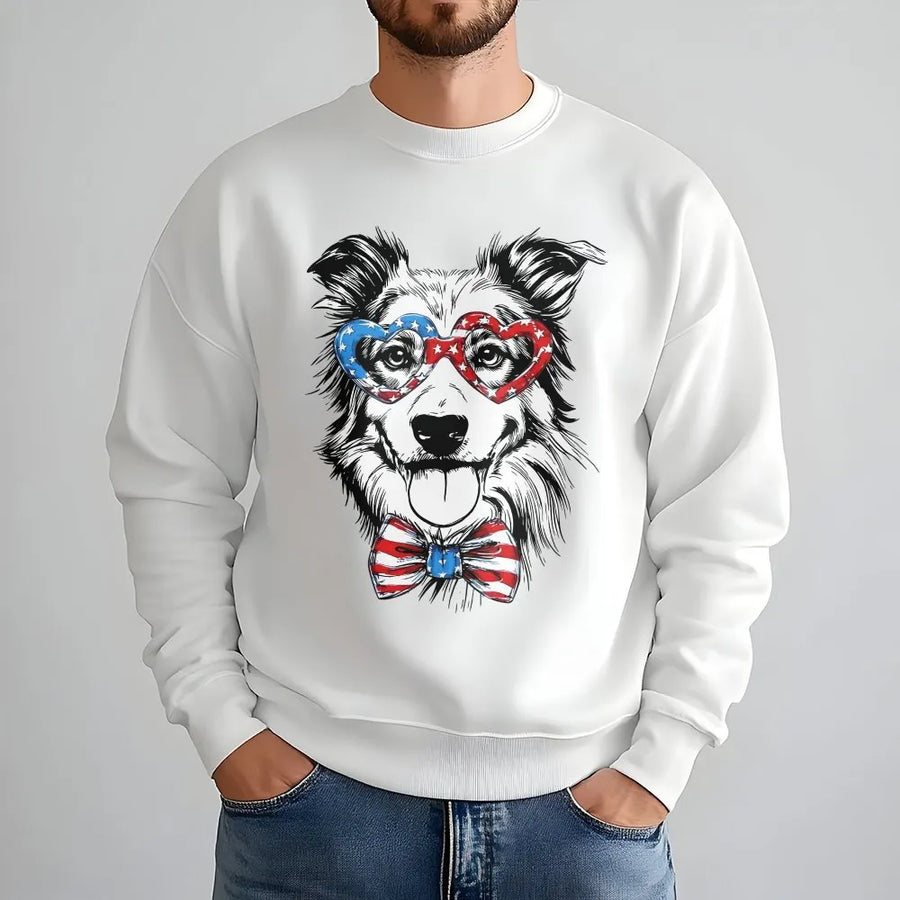 Patriotic Dog Sweatshirt | Border Collie with USA Flag Glasses | Soft Cotton Blend Pullover | Unisex 4th of July Gift for Dog Lover