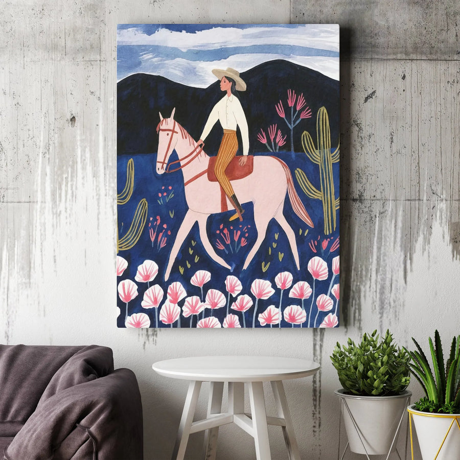 Southwestern Vertical Canvas | Boho Cowgirl and Horse Art Print | Premium Gallery Wrapped Wall Decor | Modern Western Home Decor Gift
