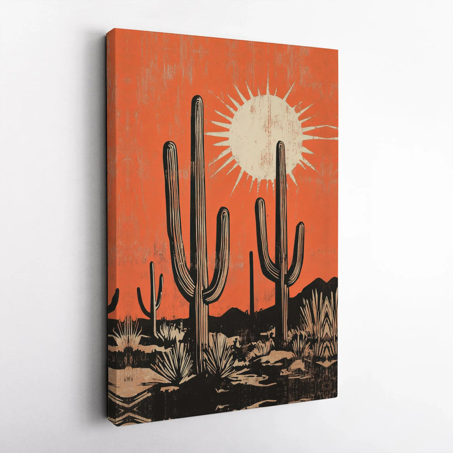 Desert Landscape Canvas Wall Art | Mid-Century Modern Saguaro Cactus Print | Premium Gallery Wrap Decor | Southwest Aesthetic Gift for Home