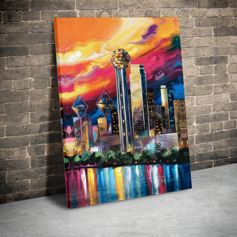 Dallas Skyline Canvas Print | Vibrant Reunion Tower Abstract Art | Gallery Quality 1.25 Inch Thick Profile | Modern Texas City Wall Decor Gift
