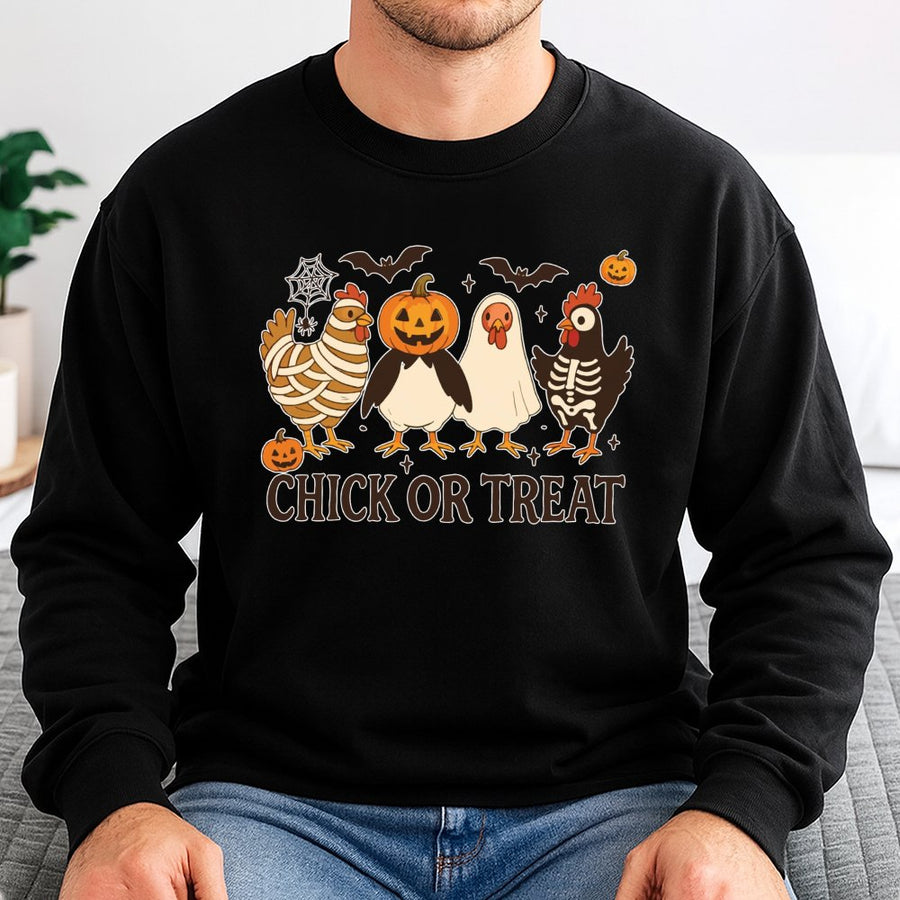 Chick Or Treat Sweatshirt | Funny Halloween Chicken Costume Graphic | Premium Cotton Blend Unisex Crewneck | Cute Spooky Fall Gift For Poultry Lovers