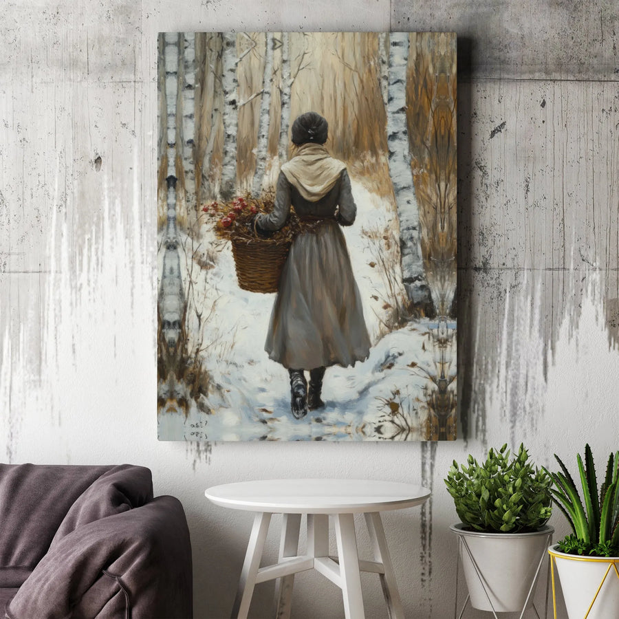 Winter Birch Forest Canvas Print | Woman With Flower Basket Painting | Premium Gallery Wrapped Wall Art | Rustic Seasonal Home Decor Gift