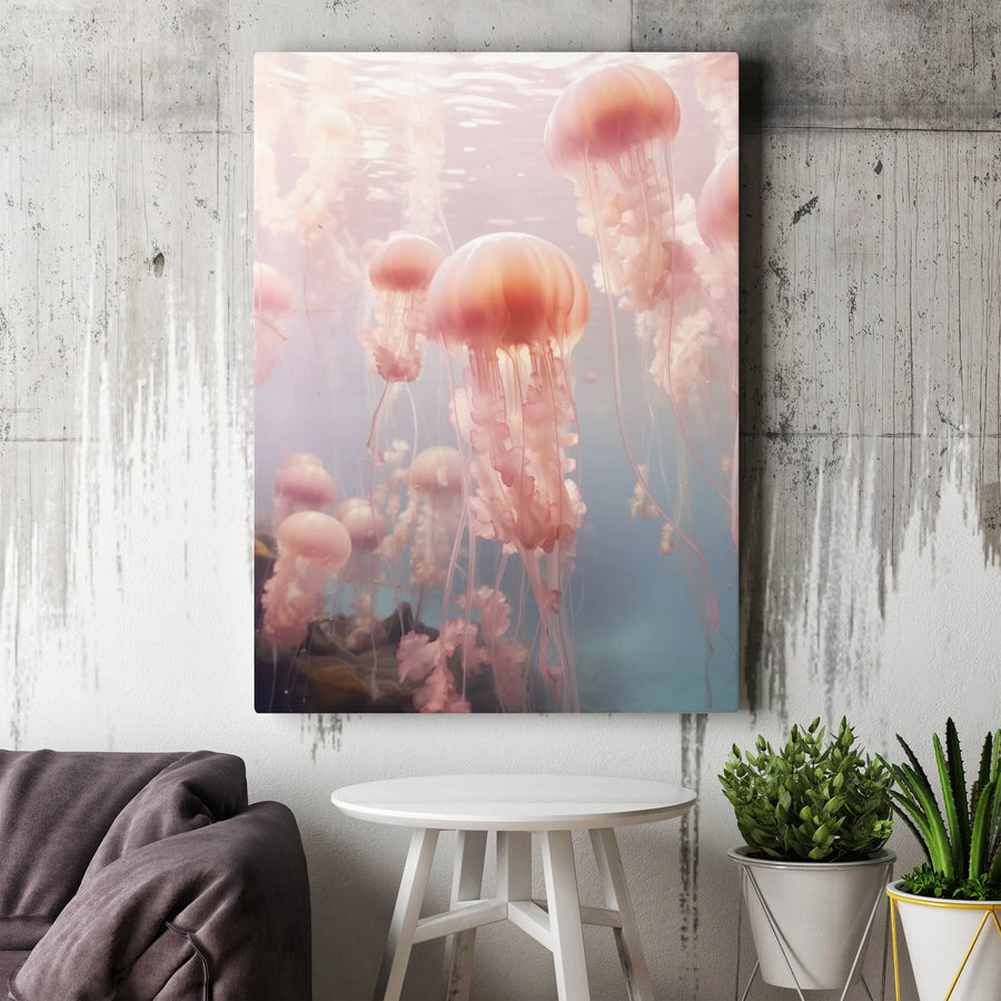 Pink Jellyfish Wall Art | Ethereal Ocean Marine Life Print | Premium Gallery Wrapped Canvas | Coastal Bathroom Or Bedroom Decor