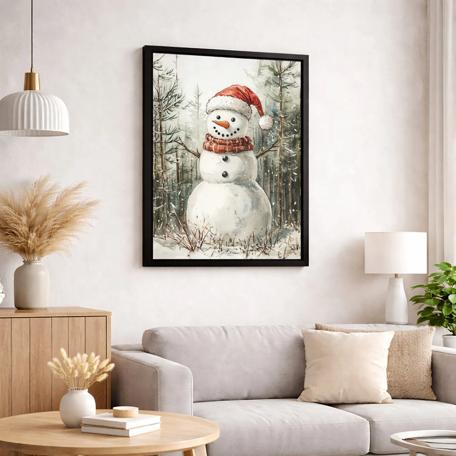 Watercolor Snowman Canvas Wall Art | Festive Christmas Forest Scene | Premium Fade-Resistant Gallery Wrap | Seasonal Holiday Home Decor Gift