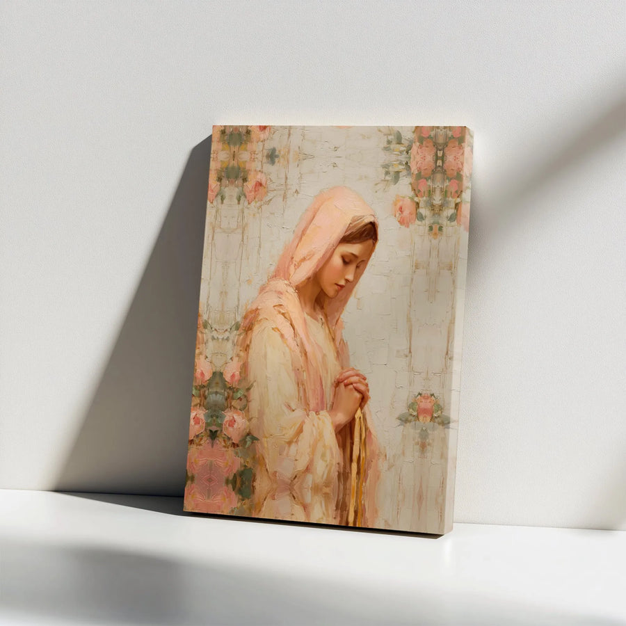 Virgin Mary Canvas Wall Art | Vintage Rose Religious Portrait | Premium Gallery Wrapped Canvas | Christian Home Decor Gift