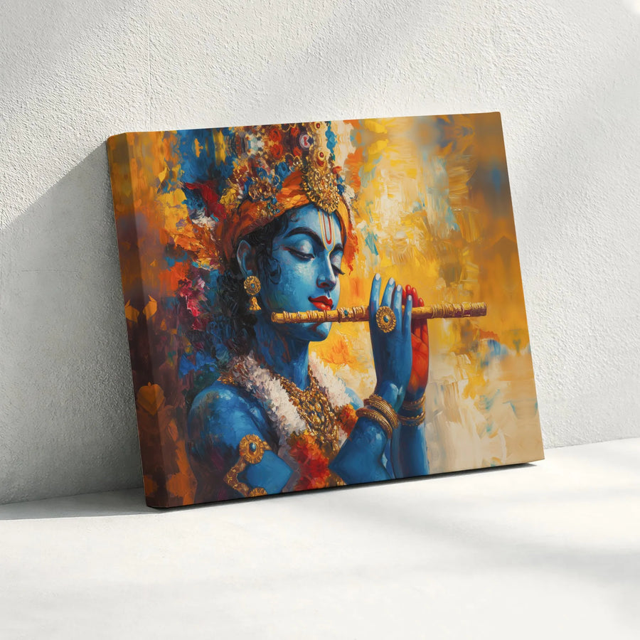 Lord Krishna Canvas Print | Abstract Hindu God Playing Flute | Premium Gallery-Wrapped Wall Art | Spiritual Home Decor Gift