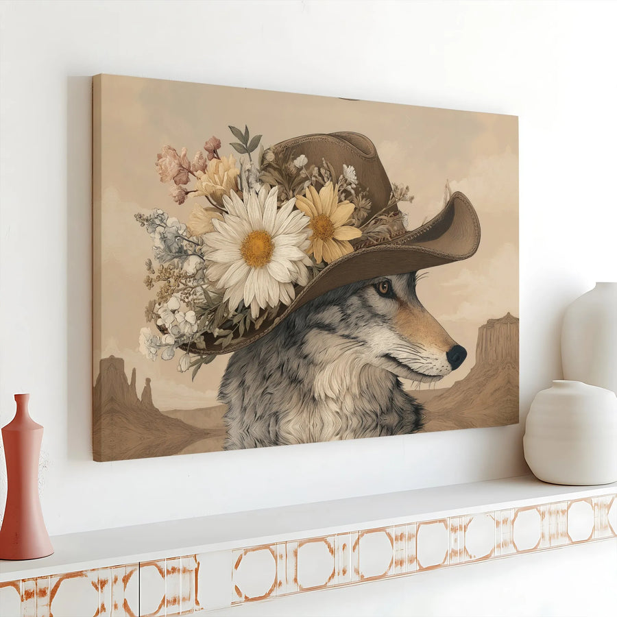 Western Wolf Canvas Wall Art | Cowboy Hat Floral Design | 1.25 Inch Gallery Wrap Premium Print | Rustic Farmhouse Home Decor Gift