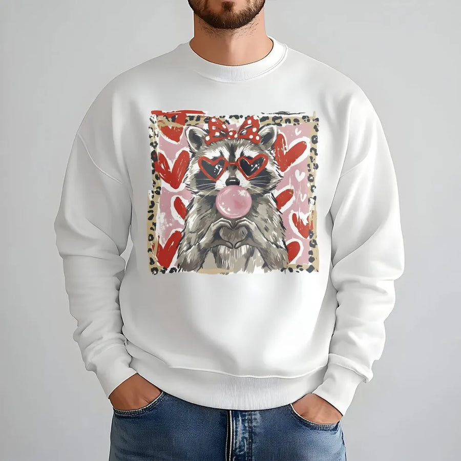 Valentine Raccoon Sweatshirt | Heart Sunglasses Bubblegum Leopard Print | Soft Cotton-Blend Graphic Pullover | Cute Aesthetic Gift for Her