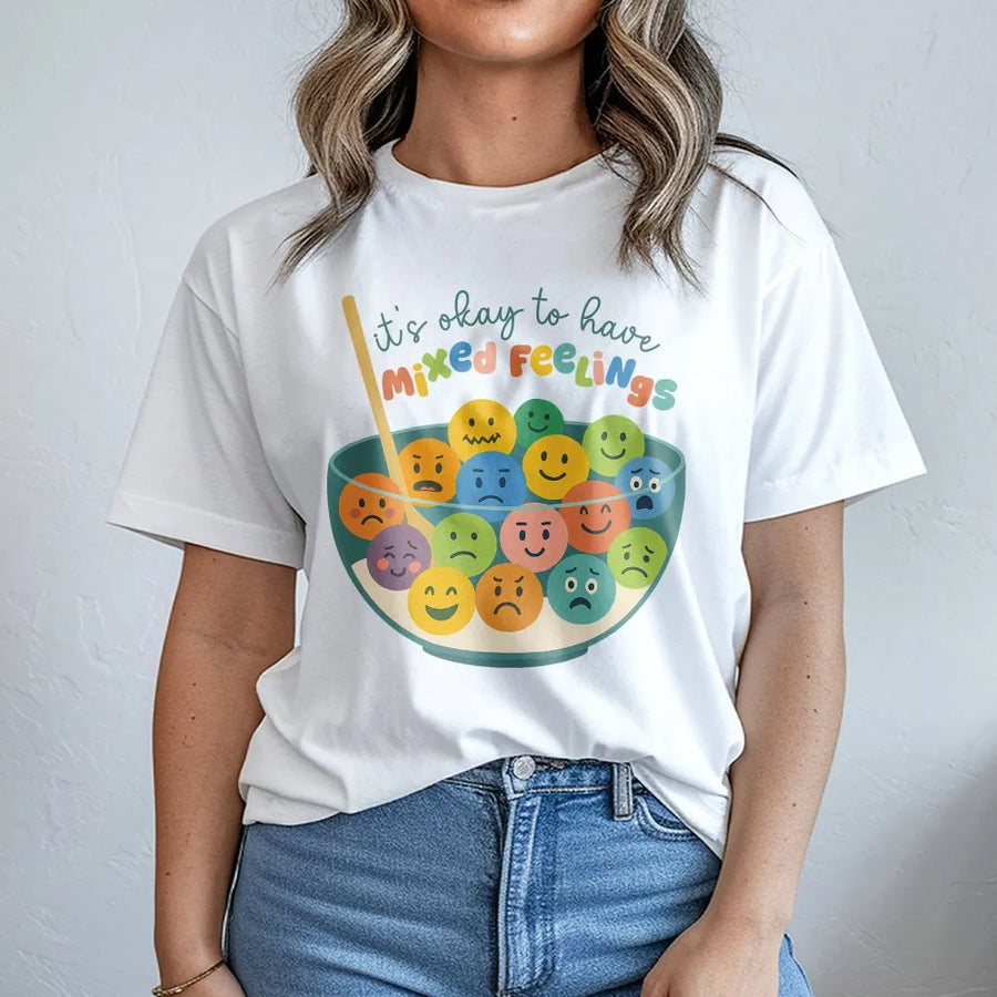 Mixed Feelings Mental Health Shirt | Emotions Cereal Bowl Graphic Tee | Premium Cotton | Gift for Counselor, Teacher, Therapist