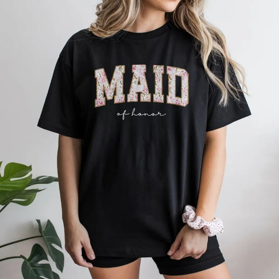 Maid of Honor Floral T-Shirt | Varsity Letter Design | 100% Cotton Premium Tee | Bachelorette Party Gift for Bridesmaid Squad
