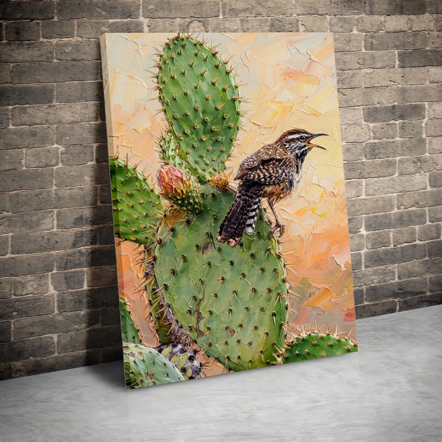 Cactus Wren Painting Canvas | Southwestern Textured Bird Art | Premium Thick Gallery Wrap | Nature Lover Gift for Rustic Home Decor