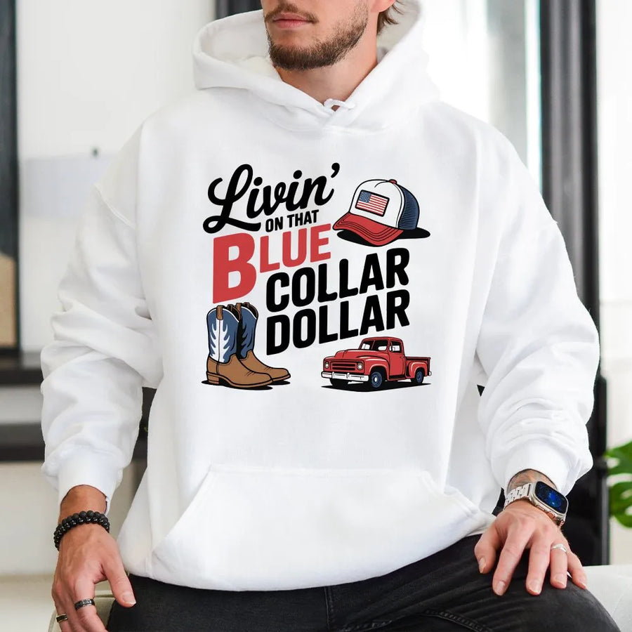 Blue Collar Dollar Hoodie | Cowboy Boots & Truck Graphic | Premium Cotton Blend | Gift For Country Music Fans & Hardworking Men Women