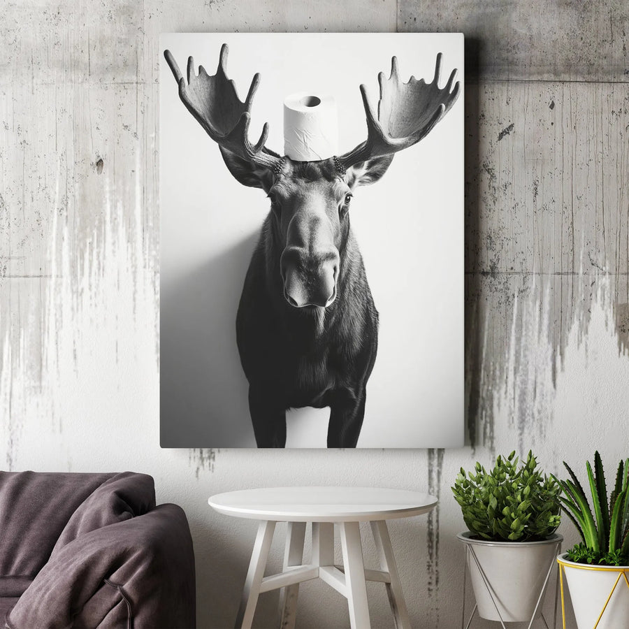 Funny Moose Wall Art | Black and White Bathroom Decor | Premium 1.25 Inch Gallery Canvas | Whimsical Animal Print for Home or Office Gift